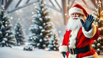 Santa claus waving. Suitable for marketing or business purposes. Panoramic banner with place for text