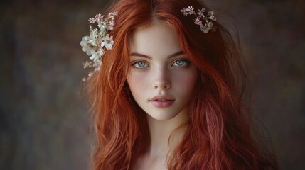 Enchanting woman with flowing red hair and delicate flower crown