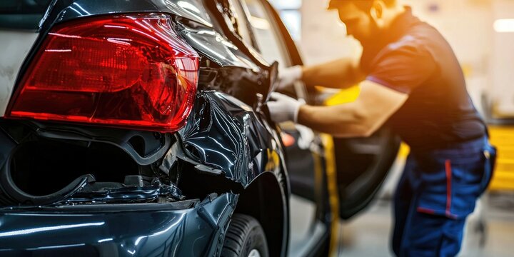 . Vehicle in a collision repair shop with technicians working on dents and scratches.