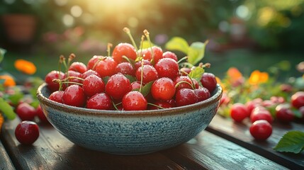 A bowl of fresh, ripe cherries on a wooden table with a blurred background of green foliage and sunlight.