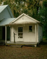 A small white wooden house with a front porch and old water pump, in Walter Jones Historic Park, Jacksonville, Florida.