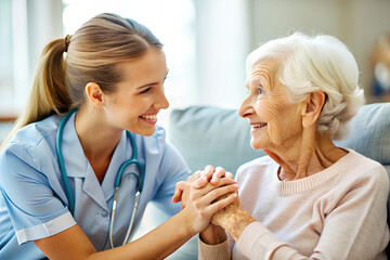 Obraz premium Young caregiver assists Nurse holding hands of elderly woman patient 