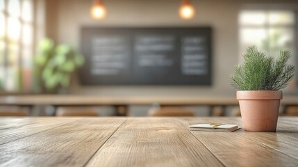 Fototapeta premium teacher desk table background in classroom light colors in prduct mock up style bothing on desk with generative ai