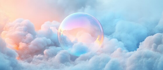 Surreal iridescent bubble floating in a dreamlike cloudy sky