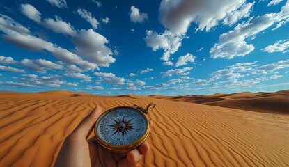 Holding the compass in hand, with a desert background, blue sky, and white clouds, in the style of realistic photography. 