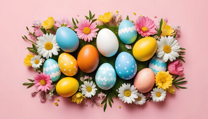Colorful Easter eggs arranged with fresh flowers on a pink background for festive decoration
