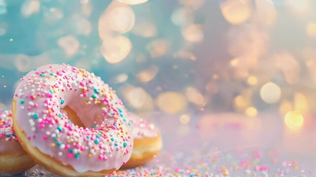 Delicious frosted donuts topped with colorful sprinkles sit against a dreamy background filled with warm, soft bokeh lights.