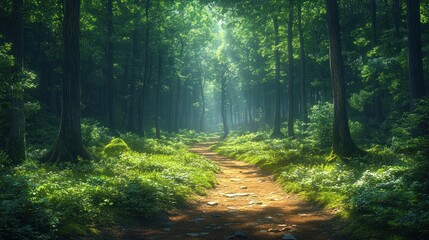 Obraz premium Serene forest pathway illuminated by soft sunlight.