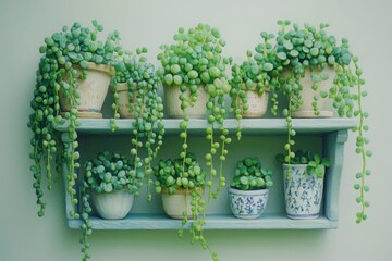 Green Succulent Plants on Shelf Displaying Nature's Beauty