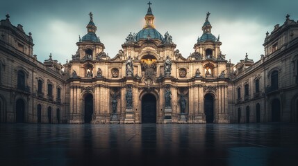 Fototapeta premium Majestic baroque architecture with ornate domes and statues illuminated at night