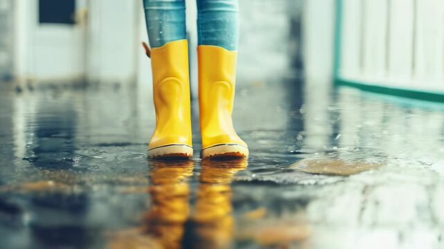 Close-up of bright yellow rain boots standing in a reflective puddle on a rainy day, highlighting weather and playful moments.