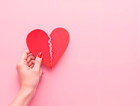 mano sujetando corazon rojo partido a la mitad, sobre fondo rosa(concepto de desamor)