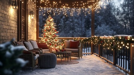 Cozy outdoor Christmas patio setup, comfortable seating area with cushions, string lights glowing warmly above, a small Christmas tree decorated with ornaments,