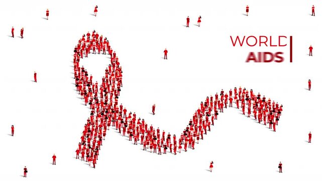 World AIDS Day awareness month concept. 1st December. Large group of people form to create a red ribbon. 4K Video animation.