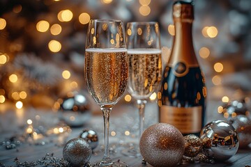 Charming winter celebration scene featuring clinking champagne glasses against twinkling fairy lights, ideal for New Year's Eve, winter gatherings, and festive promotions.