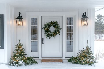 White front door of modern house decorated with Christmas garland and wreath, festive porch decorations for New Year’s concept.