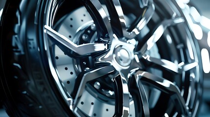 A close-up of a modern cara??s alloy wheel, with brake calipers visible through the spokes.