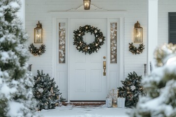White front door of modern house decorated with Christmas garland and wreath, festive porch decorations for New Year&rsquo;s concept.