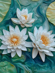 White water lilies with green leaves on textured water surface