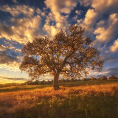 Obraz premium Majestic oak tree in a golden field at sunset