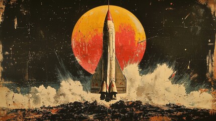 A dynamic depiction of a spacecraft launching against a vivid sunset backdrop, symbolizing the Soviet Union's achievements in space exploration during the early 1960s