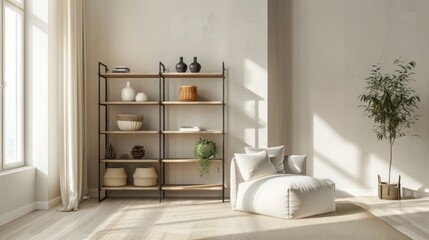 A display shelf filled with ceramic decor stands beside a white sofa by the window. Sunlight streams in, casting a warm glow over the space, highlighting the earthy tones of the pottery.