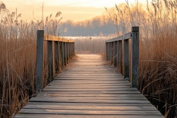 Obraz premium Wooden bridge leading to a foggy lake at sunrise.