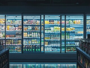 Fully stocked refrigerator shelves in a modern grocery store