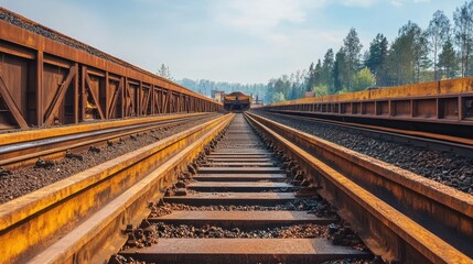 Fototapeta premium Two sets of train tracks stretch into the distance. This image can be used for articles on transportation or industrial themes.