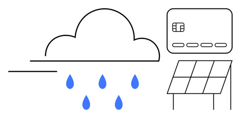 Cloud releasing blue raindrops, credit card, and solar panel. Ideal for technology, finance, nature, sustainability, energy innovation digital economy. Line metaphor