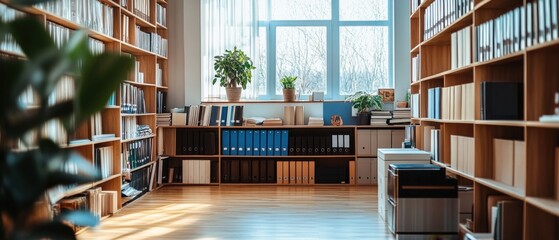 Obraz premium Cozy home library with wooden bookshelves, potted plants, and a large window overlooking the outdoors