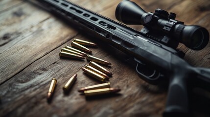 Obraz premium A black, long-barrel firearm with a mounted scope rests on the table, accompanied by its ammunition. Sleek and precise, the setup reflects readiness, power, and attention to detail.