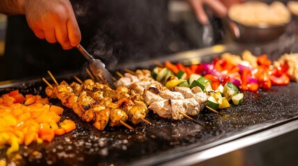 A street food vendor grilling skewers of marinated chicken and vegetables over an open flame, surrounded by colorful garnishes and spices.A street food vendor grilling skewers of marinated chicken and