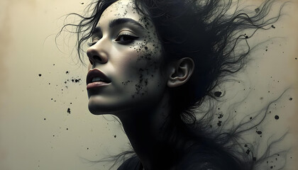 striking portrait of woman with dark, flowing hair and artistic splashes of texture, evoking sense of mystery and emotion