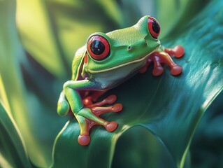 Fototapeta premium Close-up of a vibrant green tree frog with large, expressive eyes