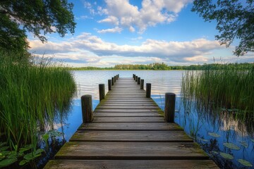 Obraz premium Wooden dock extending into a calm lake with lush green reeds and a blue sky with white clouds.