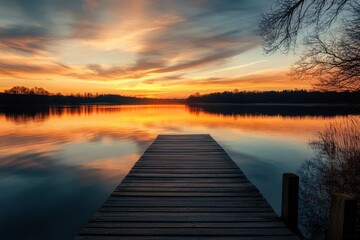 Fototapeta premium Wooden dock extending into a lake with a stunning sunrise reflected in the water.
