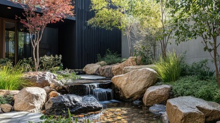 Obraz premium A small, serene waterfall flows through a rock garden with lush greenery in the background.