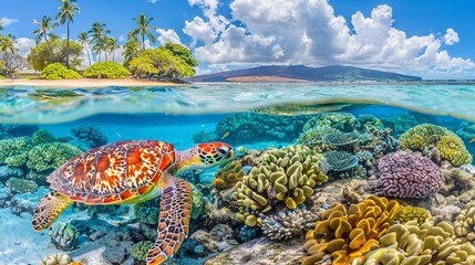 a turtle swimming on a coral reef