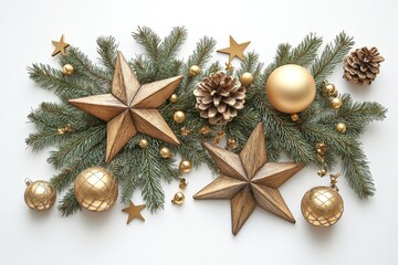 Flat lay composition of wooden stars, pine branches, and gold-colored decorations on a white...