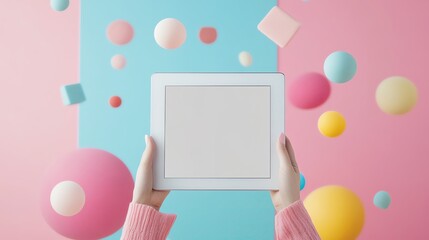 mockup creative interactive Hands holding a tablet with colorful shapes.