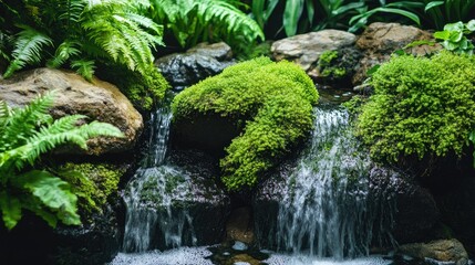 A small waterfall cascades over moss-covered rocks in a lush, green tropical garden.