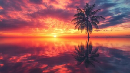 Obraz premium Breathtaking sunset over a serene tropical beach with a silhouetted palm tree