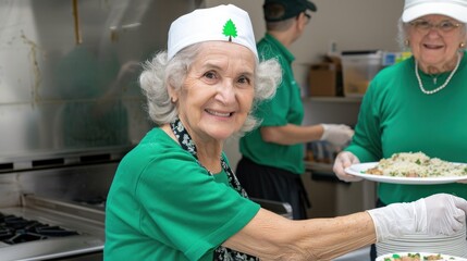 Elderly or senior volunteers wearing a green uniforms joyfully serve meals, representing community service, senior engagement, and charitable support.

