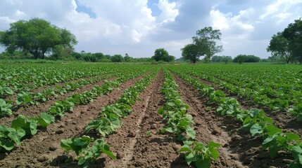 Obraz premium A field of green bean crops in rows. The image can be used to represent agriculture and farming.