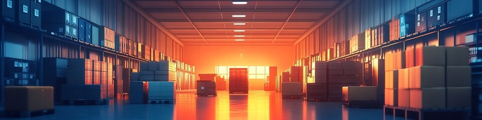 Efficient and Streamlined Warehouse with Cinematic Lighting and Modern Minimalist Design
