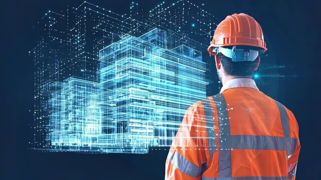 Visionary Architect: A construction worker gazes intently at a holographic model of a modern building, showcasing the power of technology in architecture and engineering.