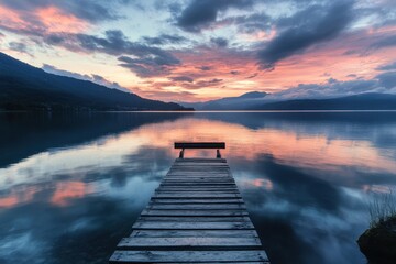 Naklejka premium Wooden dock extends into a lake with a stunning sunset and mountain range in the background.