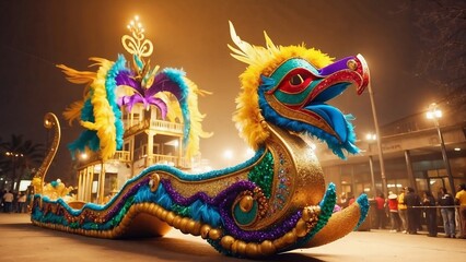 Mardi Gras dragon float with colorful scales and masked performer