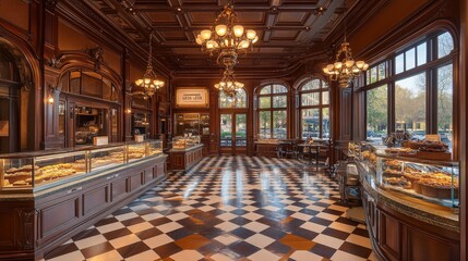 Elegant interior of a historic cafe with ornate architecture and checkered tile floor